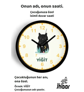 İsme Özel Sevimli Kedi Çocuk Odası Duvar Saati Orta Boy 30 cm Siyah Camlı Sessiz