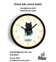 İsme Özel Sevimli Kedi Çocuk Odası Duvar Saati Orta Boy 30 cm Siyah Camlı Sessiz