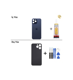 15 Pro max Mavi Arka Kapak Arka Cam Batarya Kapağı Lazer Kesim Kapak Pil Kapağı + B-7000 Yapıştırıcı + Tamir Seti