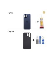 15 Pro max Mavi Arka Kapak Arka Cam Batarya Kapağı Lazer Kesim Kapak Pil Kapağı + B-7000 Yapıştırıcı + Tamir Seti