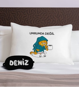 BK Gift Kişiye Özel Eğlenceli Kedi Tasarrımlı Pamuklu Yastık Kılıfı ve Göz Bandı Uyku Seti-7, Tasarım Ev Tekstili, Uyku Bandı, Ev Hediyesi
