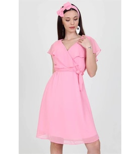 Neşeli butik kadın midi boy yeni sezon kruvaze yaka melek kol şifon elbise RY8081 (Pudra)