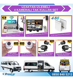 Uzaktan izlemeli 4 Kameralı Wifi 4G 320 Gb Harddisk 7 Inç Ekranlı Araç Kamera Seti