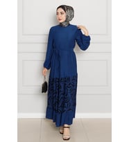 Eteği Desenli Karin Elbise-Saks Mavi (SAKS MAVI)