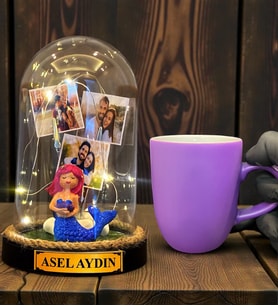 Size Özel Tasarım Led Işıklı Fanus ve Mor Kupa Bardak Hediye Seti (Model 7)