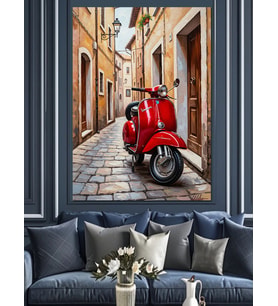 Eski Sokakta Kırmızı Scooter Dekoratif Kanvas - Mdf Ahşap Tablo
