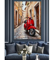 Eski Sokakta Kırmızı Scooter Dekoratif Kanvas - Mdf Ahşap Tablo