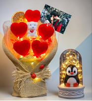 Kişiye Özel Fotoğraflı LED Işıklı Kalp Buketi ve LED Işıklı Penguenli Fanus Hediye Seti