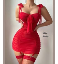 Miss Bella Tamamı Tülden Askıları Feminen Kurdeleli Jartiyerli Mini Gecelik (Dantelsiz File Çoraplı) (Kırmızı)