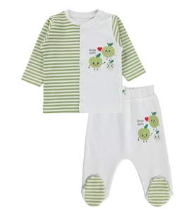 Nova Baby Yeşil Elma Kokulu Önden Açık 1-6 Ay Pijama Takımı - Ekru