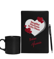 Sevgililer Gününe Özel Siyah Defter Kalem & Varil Kupa Hediye Seti 4