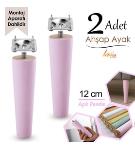 2 Adet Ahşap Ayak 12 Cm Açık Pembe M8 Civatalı Bağlantı Aparatlı Dolap Mobilya Koltuk Kanepe Destek Ayağı Ayakları