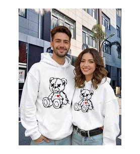 Sevgili Çift Kombin Ayıcık Baskılı Kapüşonlu Sweatshirt 2li Set Takım 3 İplik (Beyaz)
