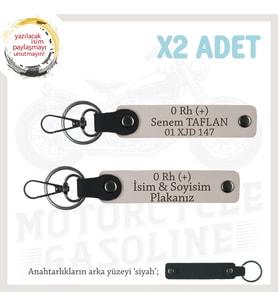 Motosiklet Maceracılarına İsim Plaka ve 0 Rh (+) Kan Grubu Yazılı Deri x2 Anahtarlık Seti, Pudra-Syh (Çok Renkli)