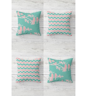 Daldaki Kuşlar Geometrik Zigzag Gizli Fermuarlı Kırlent Kılıfı Koltuk Yastık Kılıfı Takım(4ADET) (Yeşil-Pembe)