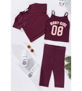 3'lü Baby Girl Baskılı Tshirt Atlet Tayt Bordo Takım
