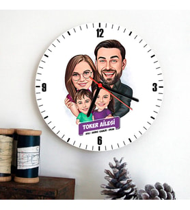 Kız ve Erkek Çocuklu Aile Karikatürlü Hediye Duvar Saati