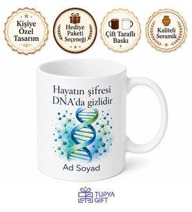 İsimli DNA Sarmalı Desenli Biyolog Kupası Hediye Bardak Özel Tasarım
