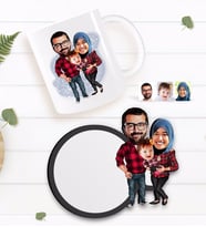 BK Gift Kişiye Özel Tesettürlü Aile Karikatürlü Beyaz Kupa ve Ahşap Bardak Altlığı Hediye Seti-2