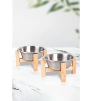 Ahşap Standlı Seramik Dekoratif 2 Adet Kedi Köpek Mama Ve Su Kabı (Gri)