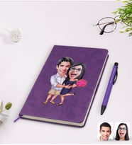 BK Gift Kişiye Özel Sevgililer Karikatürlü Mor Termo Deri Defter Kalem Seti Model 108