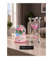 Sevgiliye Hediye Işıklı Flamingo Kar Küresi ve 5 Dakikalık 13CM Pembe Kum Saati Seti Masa Üstü Biblo