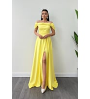 Saten Kumaş Büzgülü Askılı Abiye Elbise - SARI