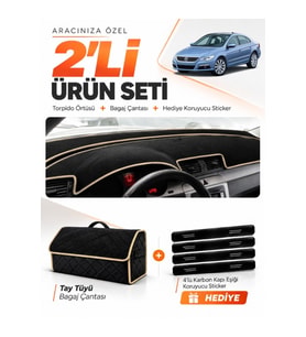 VOLKSWAGEN PASSAT CC (2008-2012) Uyumlu Torpido Örtüsü + Tay Tüyü Bagaj Çantası Seti - Siyah Bej