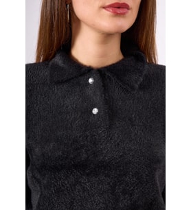 Peraluna Lucy Krop Kesim Polo Yaka Kadın Triko Bluz - Siyah