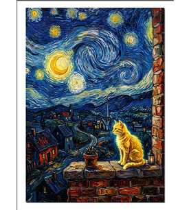 Yıldızlı Gece Ve Sarı Kedi Dekoratif Kanvas - Mdf Ahşap Tablo