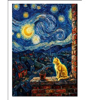 Yıldızlı Gece Ve Sarı Kedi Dekoratif Kanvas - Mdf Ahşap Tablo