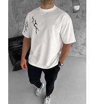 Erkek Kısa Kol Tişört Bisiklet Yaka Yıldırım Baskılı Oversize T-Shirt - Beyaz