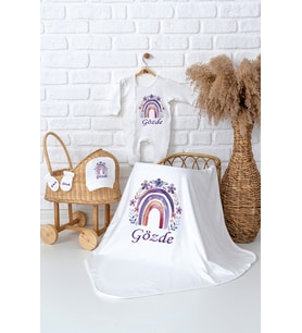Pia Baby Premium  %100 Pamuk İsme Özel Kız Bebek Battaniye Tulum Hastane Çıkışı Hediye Seti 5062-05 (Ekru)