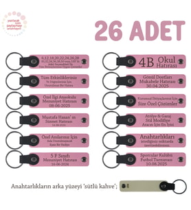 Pembe & Sütlü Kahve, Nikah Gününüze Özel, 26'lı Set, İsim Yazılabilir Kişisel Hatıra Deri Anahtarlık