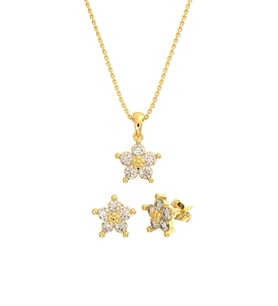 Zirkon Taşlı Gold Manolya Çiçeği Kolye Küpe 2'li Gümüş Set