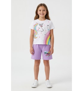 Lila Unicorn Baskılı Simli Kız Çocuk Tişörtlü Şortlu Takım 23795
