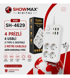 TAYFUN SHOWMAX SH-4629 TERMAL AKIM KORUMALI PRİZ 2 METRE KARE MODEL (4 PRİZ + 4 USB + 2 TYPE-C)