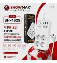 TAYFUN SHOWMAX SH-4629 TERMAL AKIM KORUMALI PRİZ 2 METRE KARE MODEL (4 PRİZ + 4 USB + 2 TYPE-C)