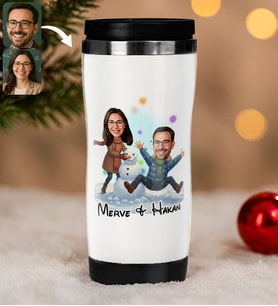 BK Gift Kişiye Özel Sevgili Yılbaşı Karikatürlü Çelik Termos Bardak - 4, Yılbaşı Hediyesi, Yeni Yıl Hediyesi