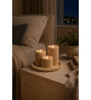 Ahşap Görünümlü Dekoratif Tealight Mumluk Nervürlü Tasarım Mum Tepsisi 3’lü Set
