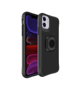 Uyumlu Model Apple iPhone 12 Kılıf Karbonfiber Yüzüklü Kapak (Siyah)
