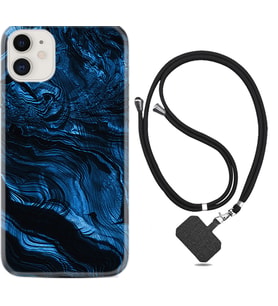 Apple iPhone 11 12 13 Mini Kılıf Boyun Askılı Silikon Blue MArble 1379