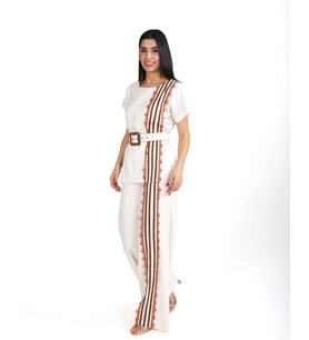 Trend Kadın Krem Keten Dokulu Bol Paça Pantolon ve Kısa Kollu Bluz Takımı (Ekru)