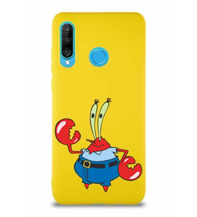Huawei P30 Lite Soft Premier Kapak Bay Yengeç Tasarımlı Silikon Kılıf - Sarı (Şeffaf)
