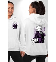 Satoru Gojo Jujutsu Kaisen Anime Beyaz Kapüşonlu Sweatshirt Kadın Erkek Ön Minimal Sırt Baskılı