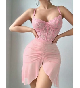 ÖzelTasarım Fırfırlı Dantel İşlemeli Tül  Pembe Gecelik