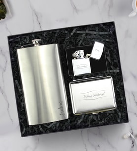Kişiye Özel Çelik Cep Matarası & Metal Gümüş Renk Tabaka & Zippo Tarzı Çakmak Hediye Seti