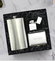 Kişiye Özel Çelik Cep Matarası & Metal Gümüş Renk Tabaka & Zippo Tarzı Çakmak Hediye Seti