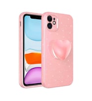 Uyumlu Model Apple iPhone 11 Kılıf Simli Pop Soketli Kalp Kapak (Pembe)