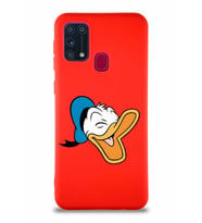 Samsung Galaxy M31 Soft Premier Kapak Donald Duck-E Tasarımlı Silikon Kılıf - Kırmızı (Şeffaf)